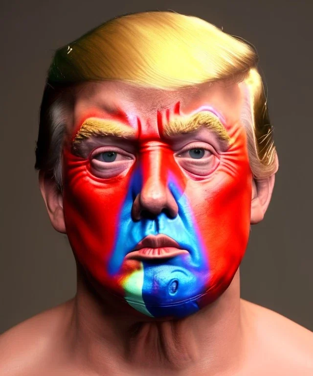 Realistic image of Donald trump wrestler, Mexican wrestling, glow mask makeup, red and blue breeches, suspenders, retro style, 80s, red, gold, vibrant color, highly detailed, clean background, concept art, unreal engine 5, god rays, ray tracing, RTX, lumen lighting, ultra detail, volumetric lighting, 3d, finely drawn, high definition, high resolution.