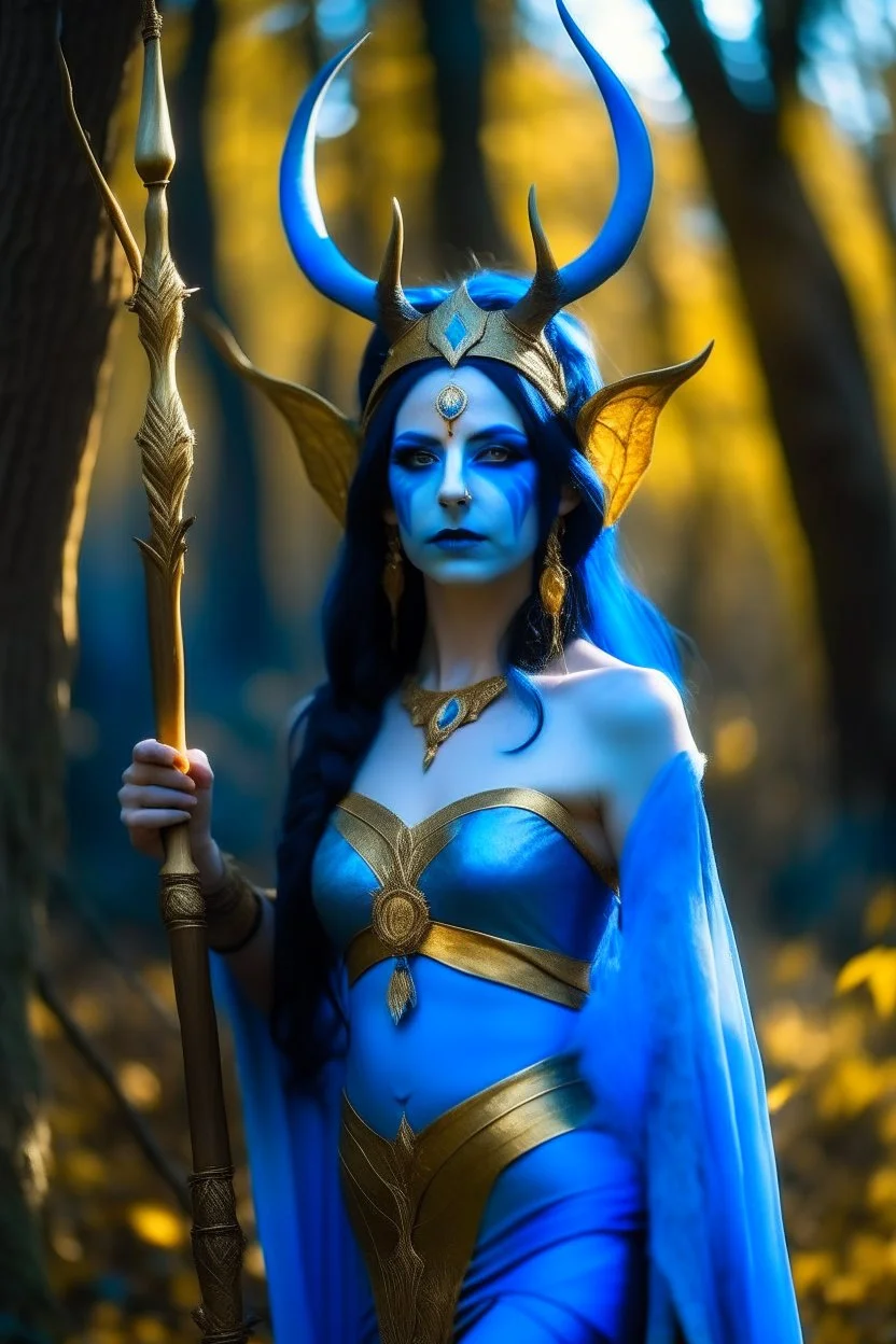 A picture of a beautiful blue faced indian goddess with skin painted blue, blue painted body, blue painted torso, wild black hair, stag antlers, elven ears, golden skirt, holding a staff in a sunny forrest