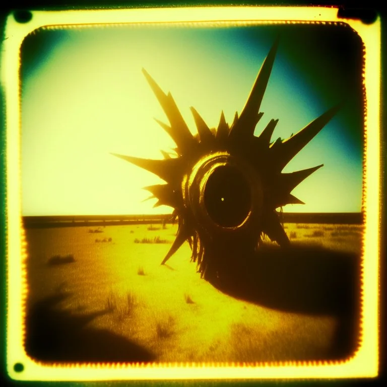 Close-up polaroid of a creepy surreal landscape, monsters, eerie, Max Ernst style, very surreal, spooky metaphysical structure, giant sun, intricate, thoughtful, appalling, deep 3d field, 8k, noon-light, hypermaximalist, high resolution, Cinematic film still, shot on v-raptor XL, film grain, vignette, color graded, post-processed, cinematic lighting, 35mm film, live-action, best quality, atmospheric, a masterpiece, epic, stunning, dramatic