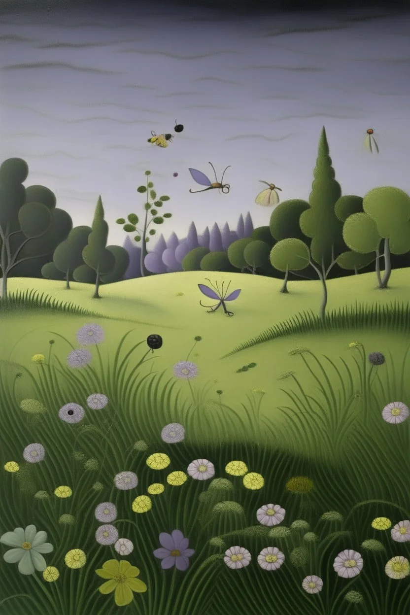 A grayish purple floral grassland with fairies painted by Henri Rousseau