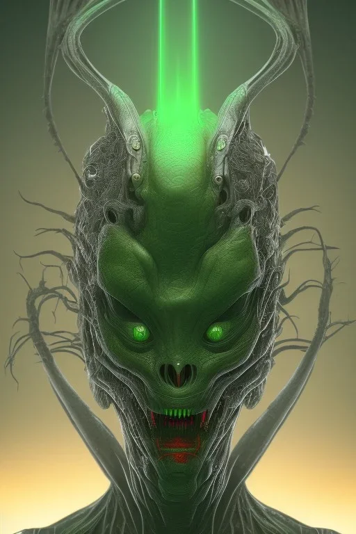 green alien, head, evil, red eyes, big silver teeth, weapons, blood, 8k, finely detailed, photo realistic, HR Giger style