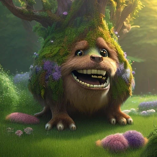 pixar style, volumetric summer garden environment and background, realistic painting of an ancient ent smiling, looking excited, detailed digital painting, extreme dense and fine fur, anime, ornate, colour-washed colors, elegant, small minutiae, tiny features, particulars, centered, smooth, sharp focus, renderman gofur render, 8k, uhd, detailed eyes, realistic shaded volumetric lighting, sunlight caustics, backlight, centered camera view