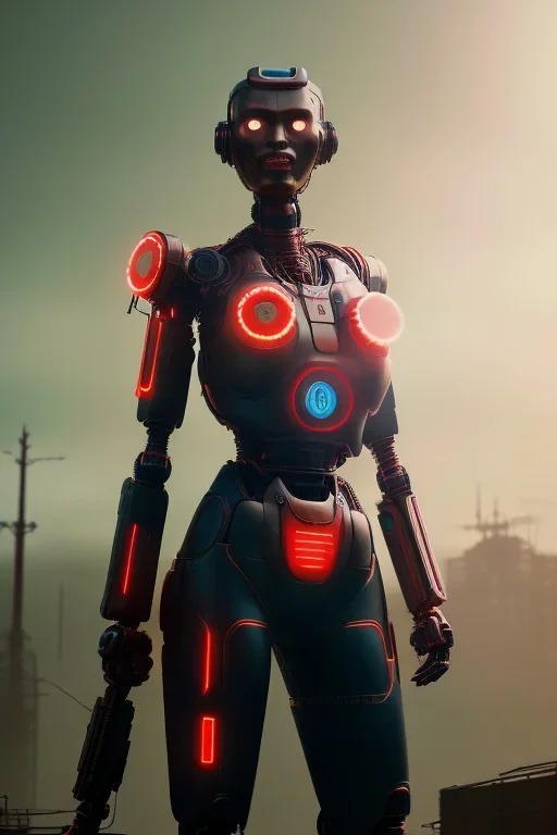 Beautiful portrait of red man robot, post-apocalypse cybernetic in a cyberpunk city, sci-fi fantasy style, 8k,dark