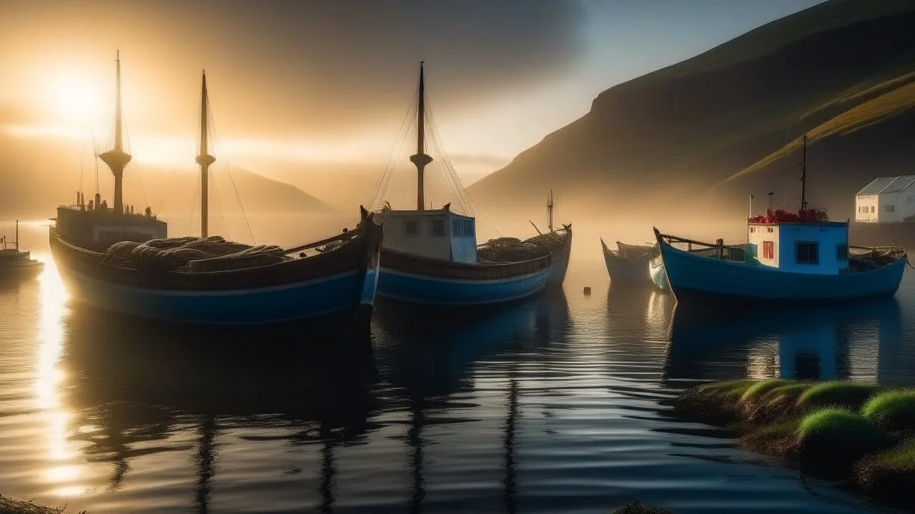 Painted fishermen’s boats anchored in a harbour in the Faroe Islands near a fishing village, fishermen putting fishing nets on their boats, peaceful, mist in the distance over the calm sea, early morning, sunrise, beautiful romantic photograph, excellent composition, atmospheric, realistic