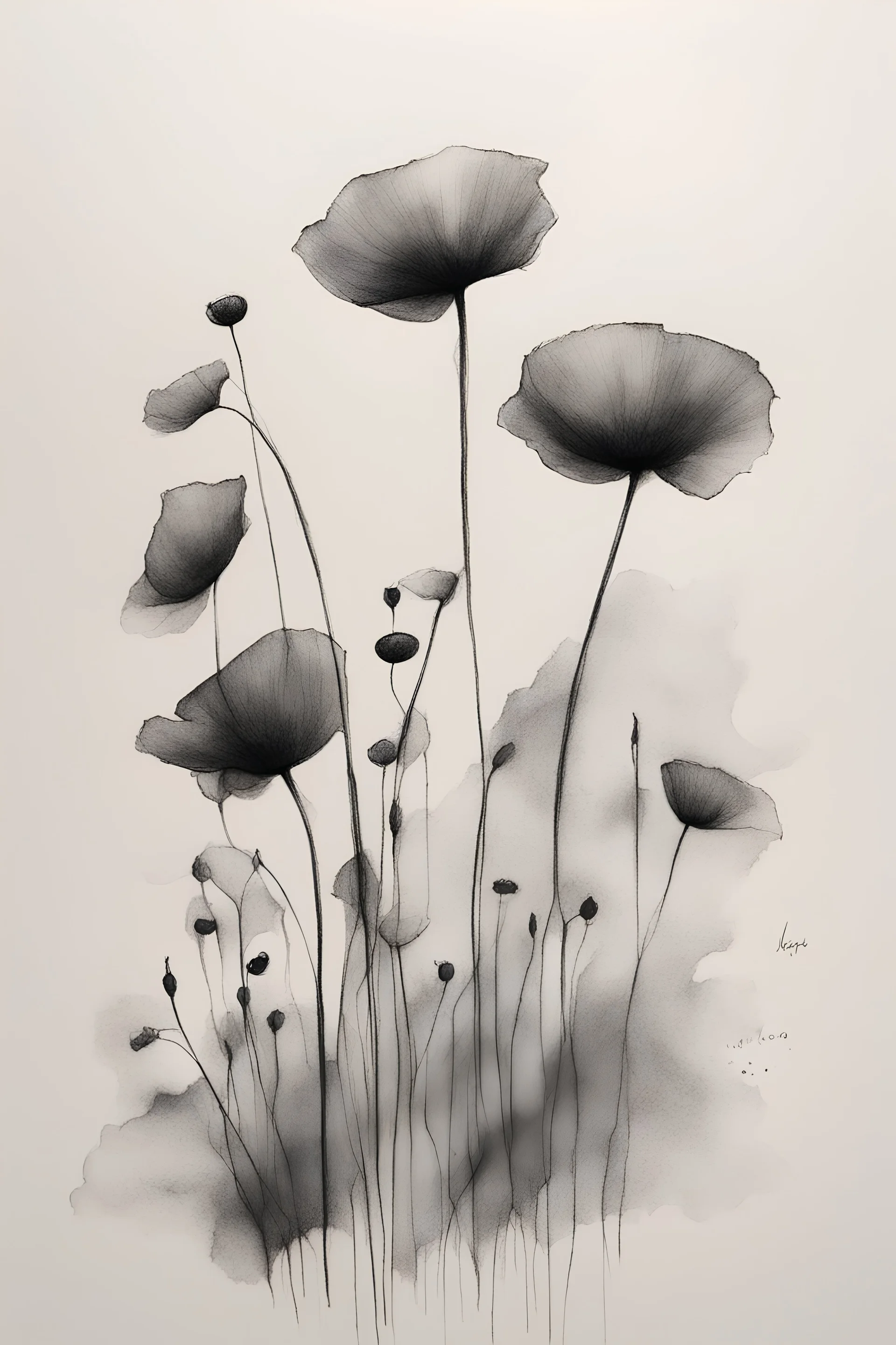 Minimalist ink pencil and charcoal drawing of poppies