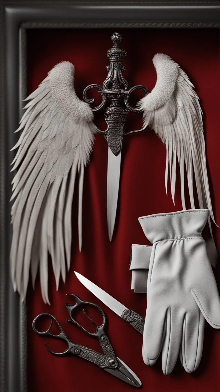 White clipped wings on a red fabric, next to scissors and black leather gloves. Cinematic image