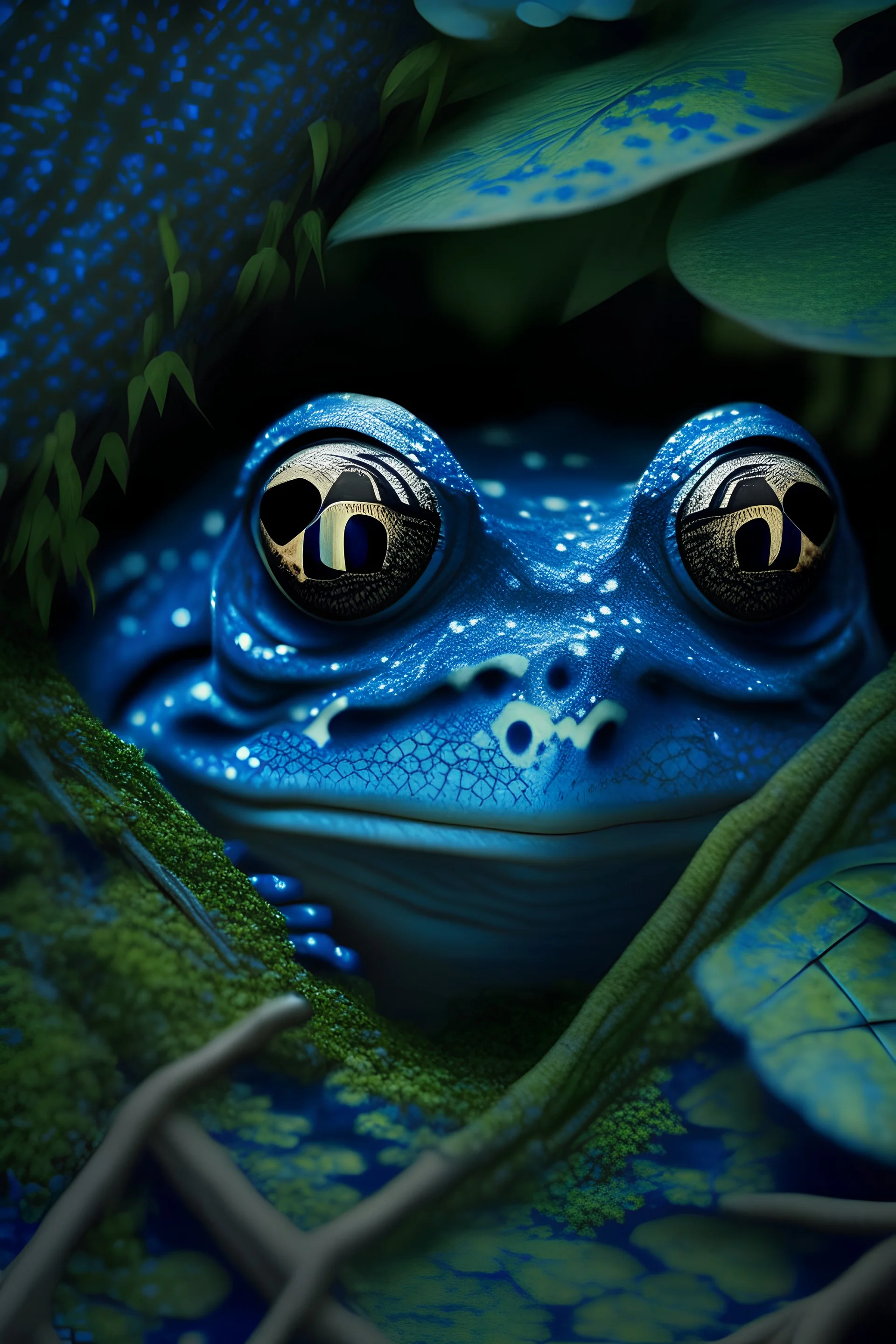 Blue Toad eyes peeking trough a forest