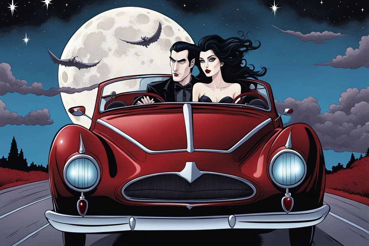 close up illustration from a surreal comics caracter vampire couple (pale skin, dark hair, black-dark red nice gothic clohts) riding a sport coupe car, driving toward you in Summer night,they looking at camera, Tim Burtron and El Kazovszkij style , blue sky with moon and stars. They driving down a surrreal crepy stunning scenic , surrounded by black trees siluette, high detailed, cold silver and dark colors, intricate details, beautifull shot, pale lights, surreal mood, anime, cinematic