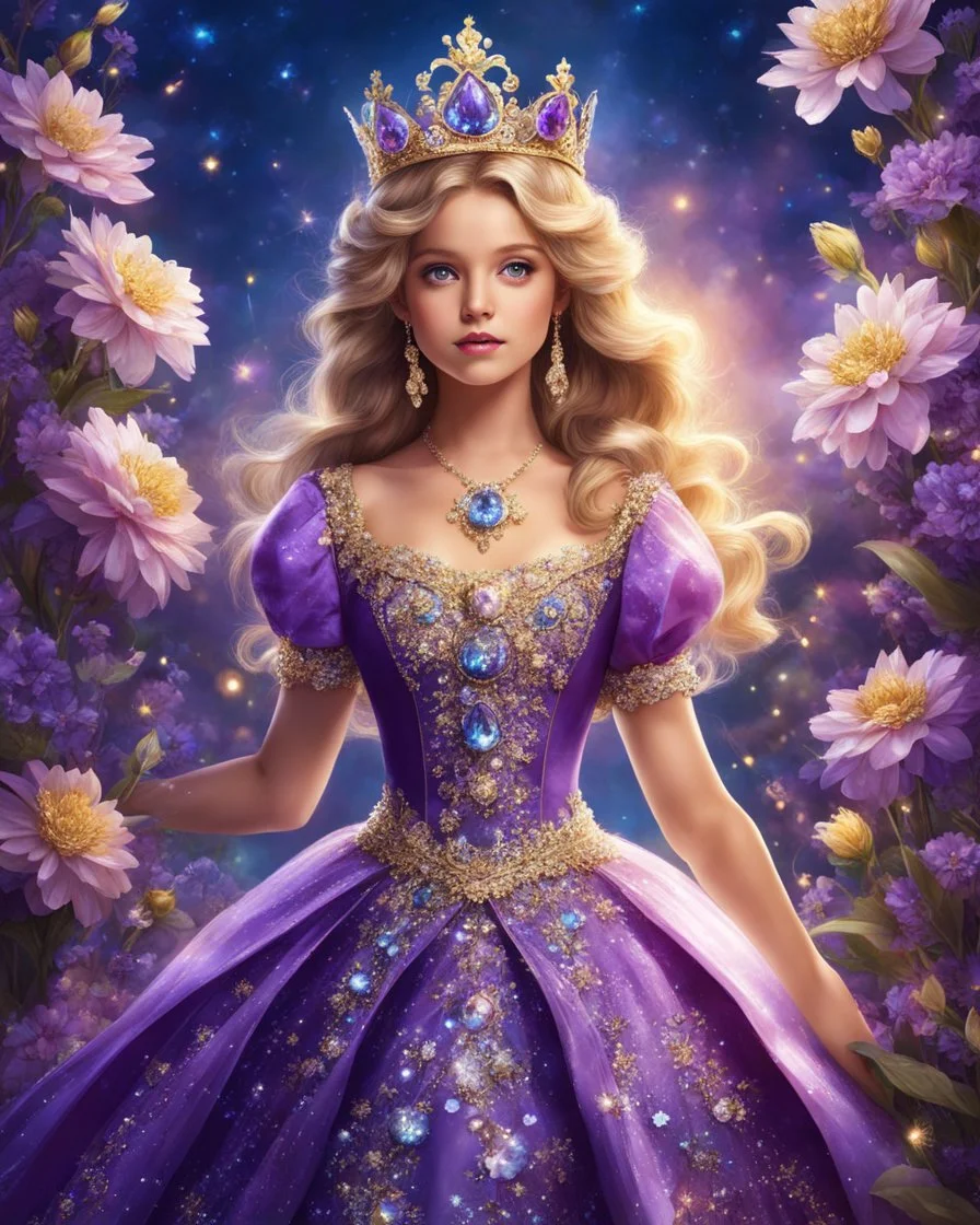 A beautiful princess girl in an expensive flowery purple dress, a crown made of sparkling jewels, hair that shines like gold, and eyes that are blue as the sky, stands among the magical flowers.