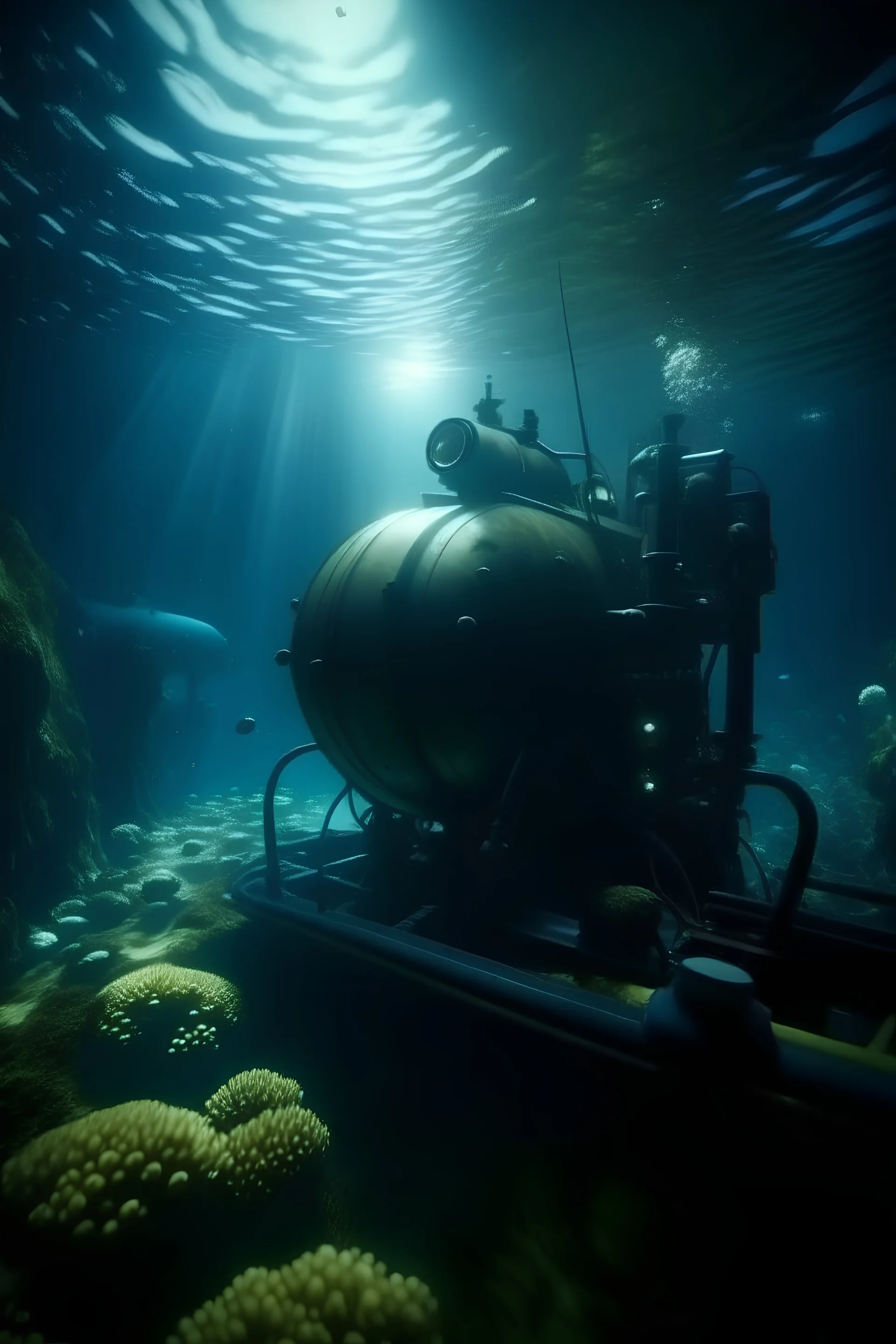 Vista con submarino a lo más profundo del mar con diferentes tipos de criaturas acuáticas, muy poca luz solar se filtra, una vegetación marina importante , filma suspenso, insertidumbre y curiosidad