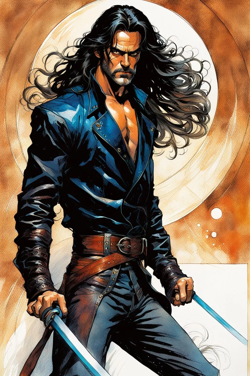 Create a fine art print , illustration of a haggard epic fantasy sword and sorcery thief character with long flowing hair , finely lined and detailed facial features, in an laced jerkin leather jerkin and breeches , a short oriental belted cloth sash at the waist, stealthy soft leather slippers, , in the comic book style of Bill Sienkiewicz, Howard Chaykin, Mike Mignola, Philippe Druillet, and Jean Giraud Moebius, precisely drawn, colored and inked