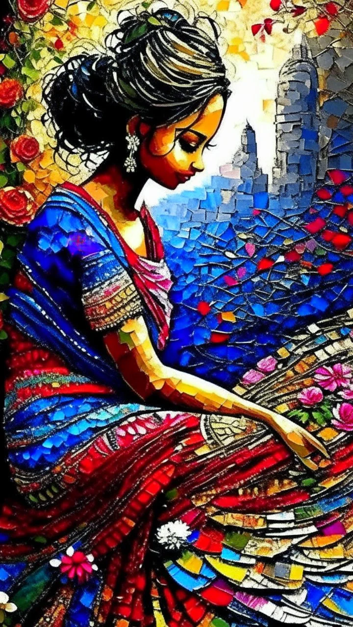 Bosch painting style "Midnight Serenade unique" low view angle shot down sunset large close up a beautiful street with colorful wild flowers on both sides , granite terrazzo motifs with puzzle modern , clothing is decorated with colorful filigree abstract, Collage chutes papiers magazines,Spirograph background by Nisa Kiley, Textile Artist،