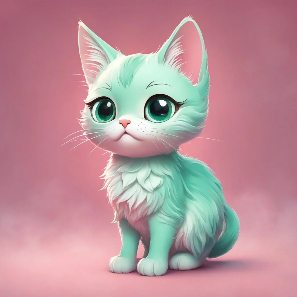 A delightful and adorable cartoon illustration featuring a cute mint-colored cat against a charming pink background, (delightful illustration:1.4), (adorable cartoon cat:1.5), (charming pink background:1.3), (expressive mint hues:1.2), inspired by the styles of cute cartoon artists, trending on ArtStation, Intricate, Sharp focus, vibrant lighting, (whimsical:1.4), (playful ambiance:1.3), (lush fur details:1.5), Cartoon, Masterful, Captivating, High Detail, Cinematic view