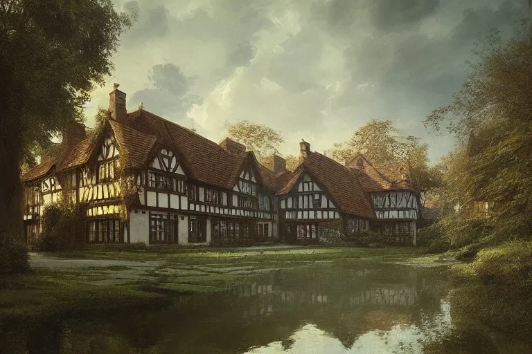 portrait of a tudor manor house on a street, fishpond architecture, highly detailed, blue sky, cinematic lighting, digital art painting by greg rutkowski