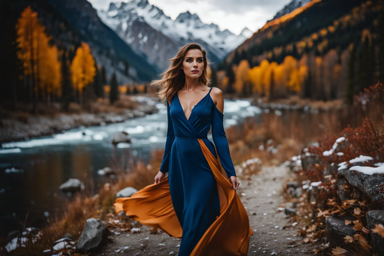 beautiful German lady with makeup midi pleated blue dress gracefully coming toward camera in a valley beautiful mountains with snow ,river in down valley .camera capture from her full body front,fall environment ,fallen leaves,very sharp focus.