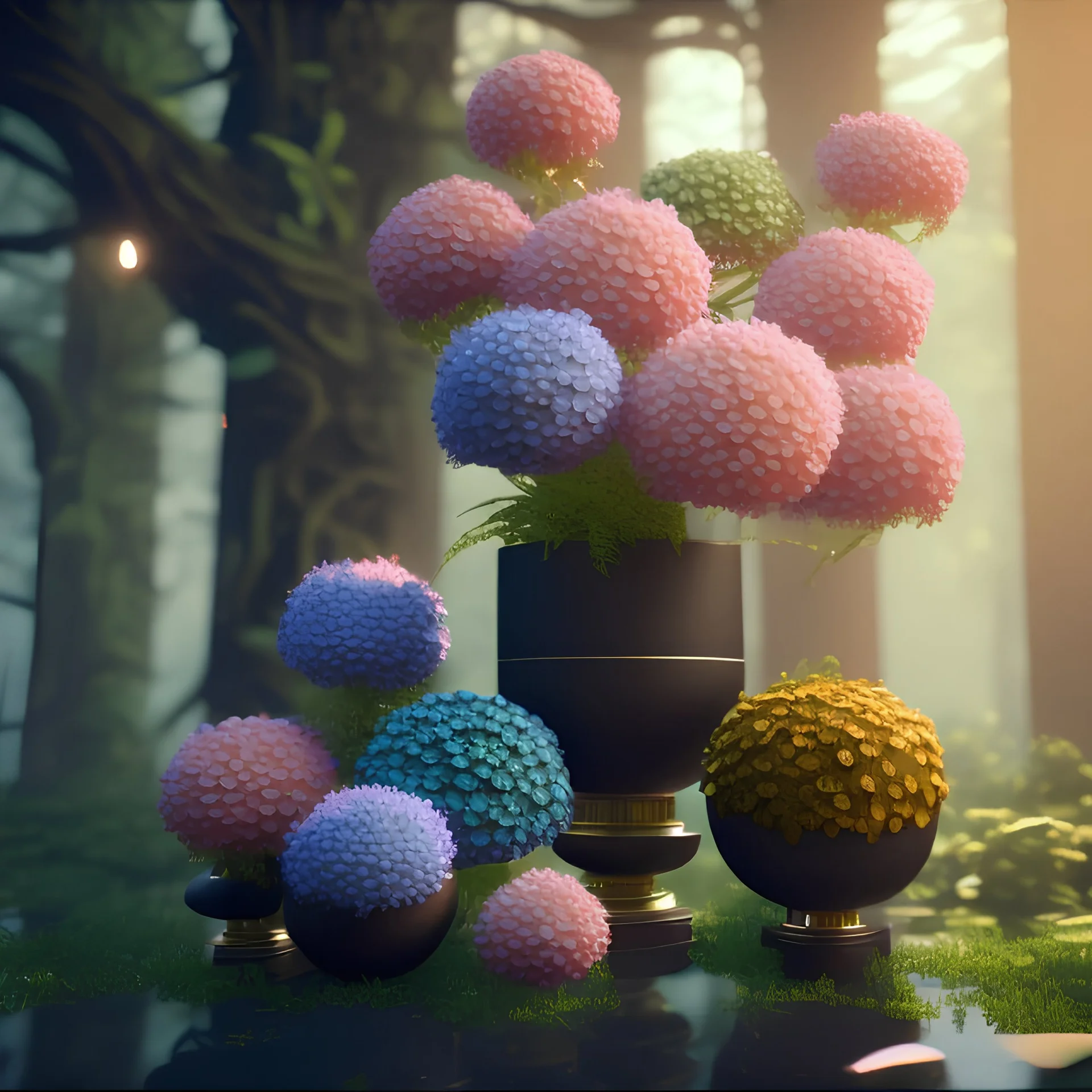 Exotic flowers in a black pot, 8k,unreal engine, very detailed,flashy colors, forest background,realistic, cinema 4D