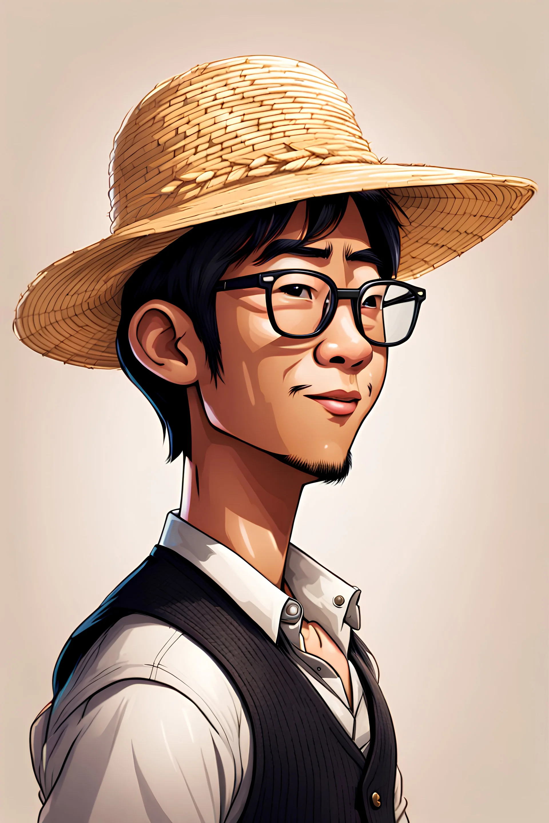 profile cartoon image from photo, with glasses, bold, wearing a straw hat and a black vest, asian, male