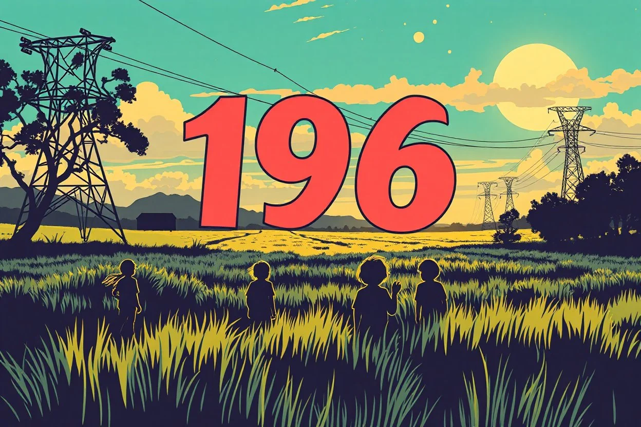 bumper sticker design, westall ufo large flat in bold heading text ufo 1966, lots of school children looking up in a field with high voltage powerline and gumtree's, mysterious cool, bold
