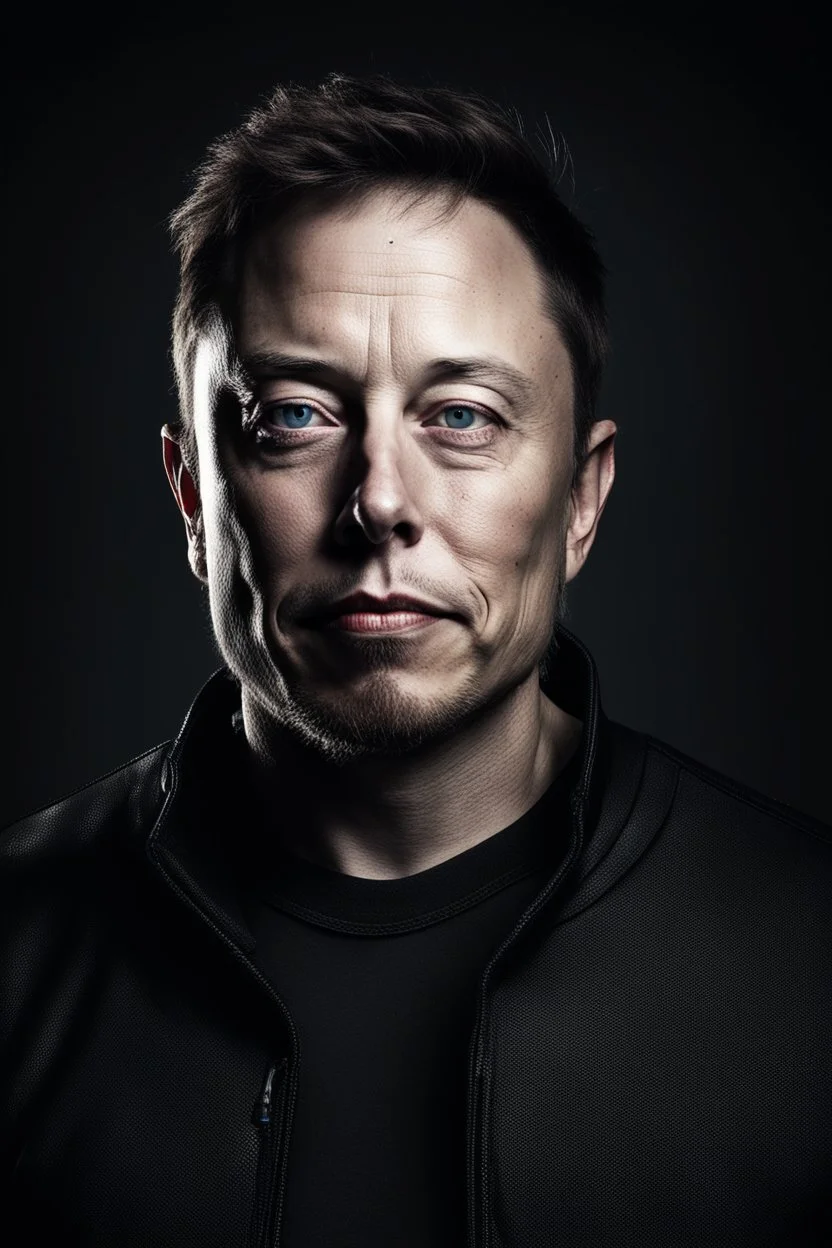 Portrait of Elon musk, scary cyborg face, metal plate checks and forehead, one red eye