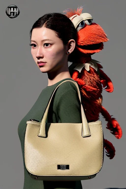 Woman bag made with muppet, Sesame Street style, fashion photo studio, unreal engine 5, god lights, ray tracing, RTX, lumen lighting, ultra detail, volumetric lighting, 3d.