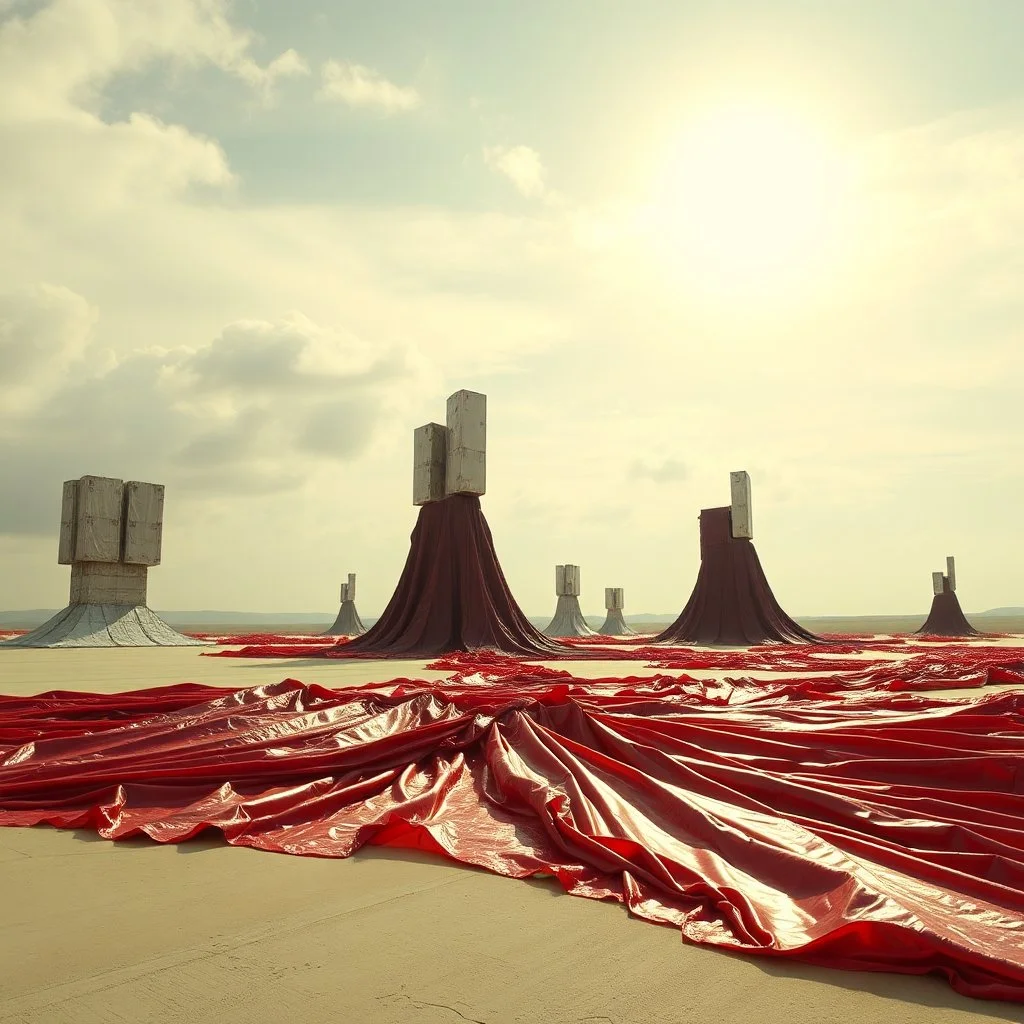 Fotografia di una superficie piatta di colore beige e verde chiaro e giallo pastello, su cui si ergono alcuni gigantesche immense enormi strutture di forma indefinita, fatte di materiali vari, ricoperte da materiale plastico argentato, rosso, e nero, che scende a terra. Salvador Dalí, Max Ernst, Audubon, Piet Mondrian, paranoic, obsessive, nightmare, aria aperta, sole, nuvole, glossy, surreal, hasselblad h6d400c --ar 85:128 --v 6.