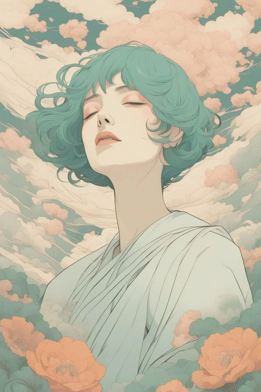 wind blowing from below, portrait of beautiful crying woman with short green hair, tears flowing up, loose lines, flowers, smoke, pastel orange and pastel blue, sense of liberation, concept art, art by james jean, takato yamamoto, 4k, concept art, illustrative