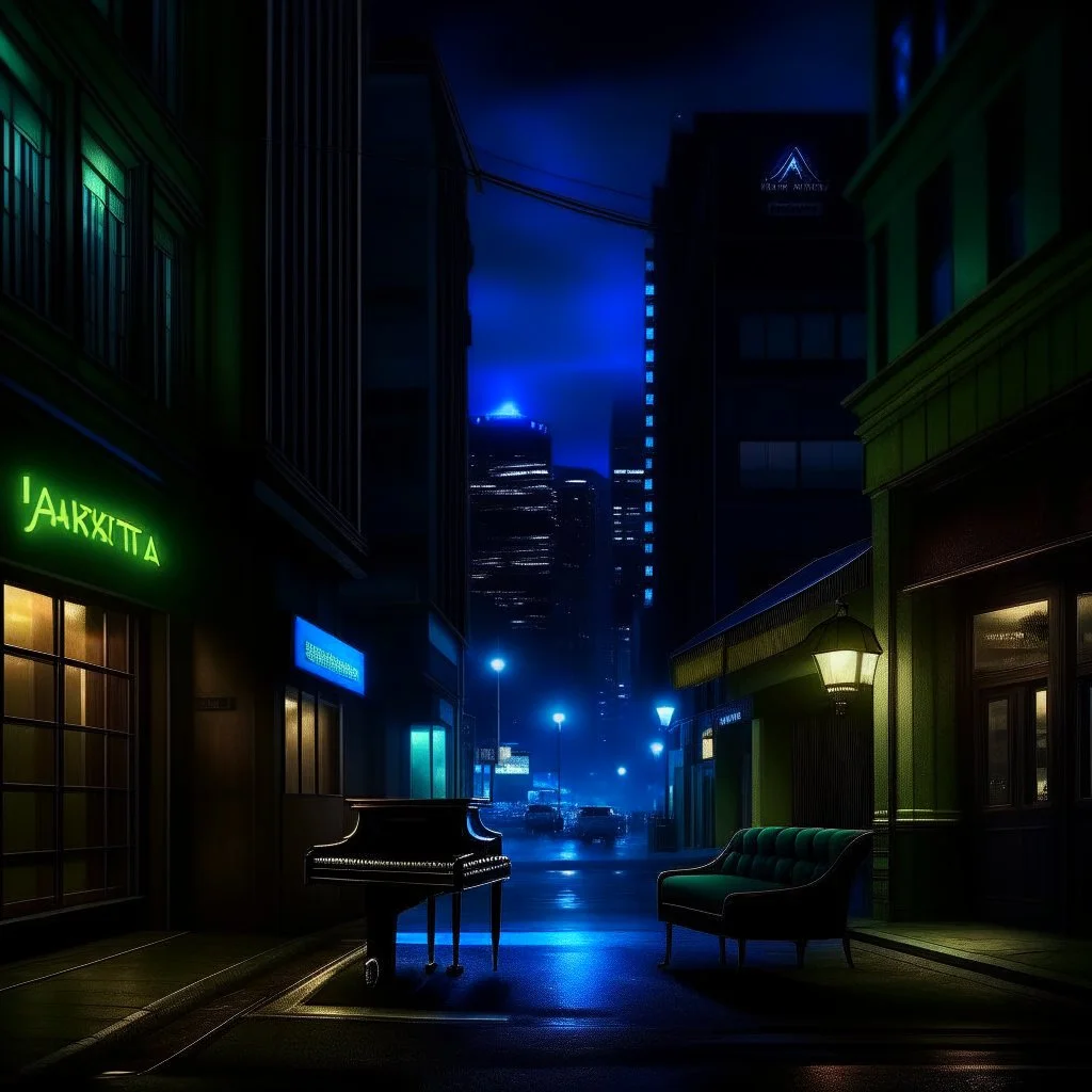 jazz vibes, city at night, lonely, dark colours, photo realistic