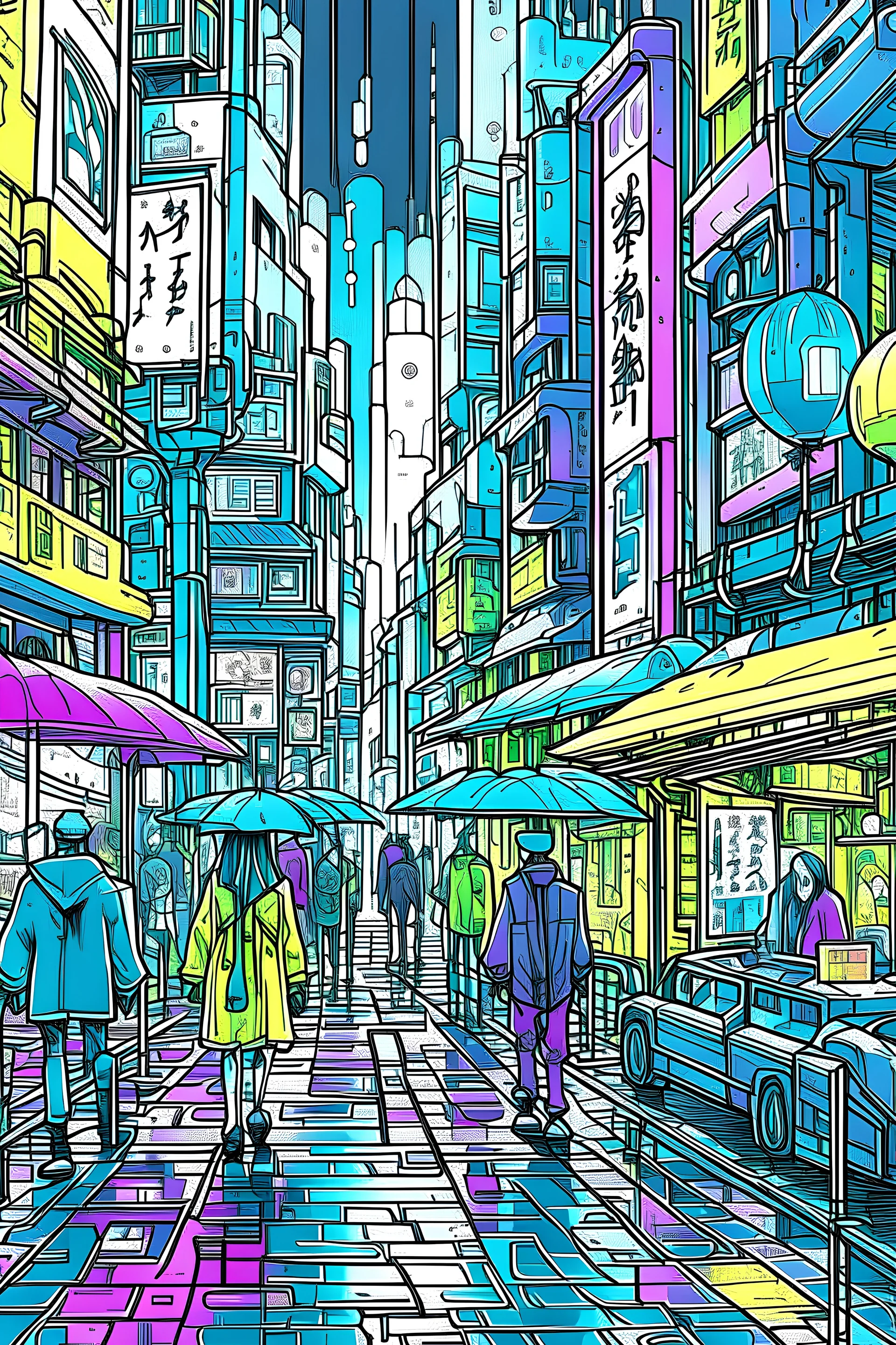 coloriages mystères :Une nuit pluvieuse dans une cité cyberpunk. Des gratte-ciels métalliques émergent de la brume, et des néons multicolores reflètent sur des surfaces mouillées. Des marchands de rue vendent des gadgets high-tech, et des androïdes aux yeux lumineux se mêlent à la foule animée.