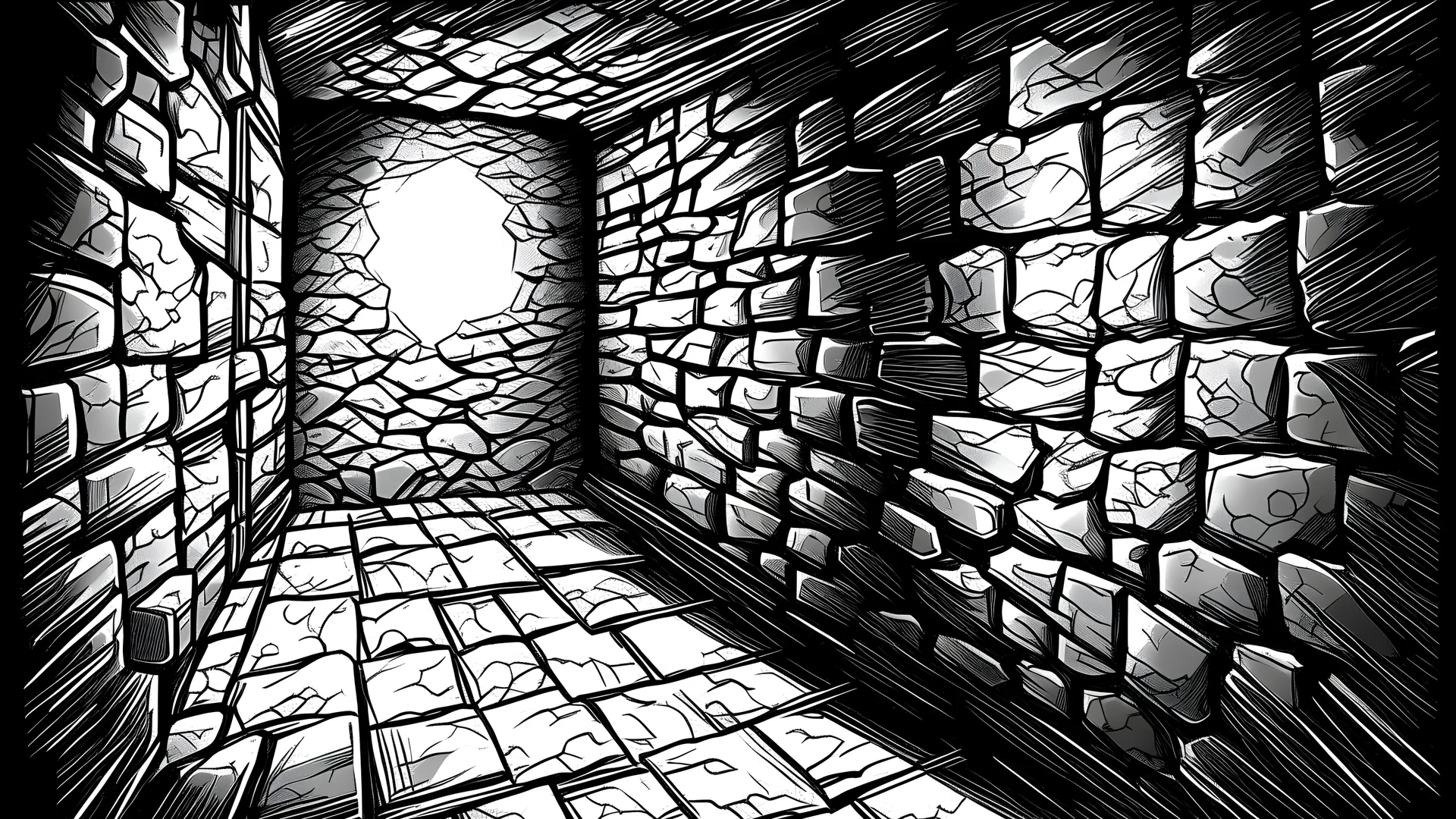 manga drawing of a dark stony wall room
