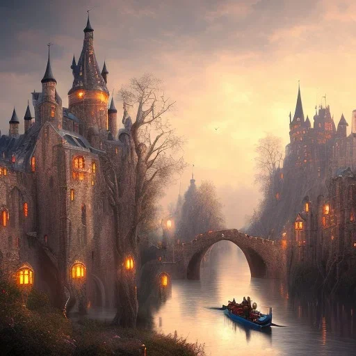 A magical gothic little town of witches with a castle and canals Nick Harris style