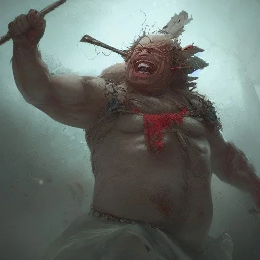 Insanely detailed photograph of an “portrait of a Giant Downsyndrome D&D barbarian wearing a red loincloth laughing”, smiling clear face and hyperdetailed painting by Ismail Inceoglu Huang Guangjian and Dan Witz CGSociety ZBrush Central fantasy art album cover art,8K, hdr, epic, mysterious, ominous, hands focused on a glowing D20, jewelry, motivated