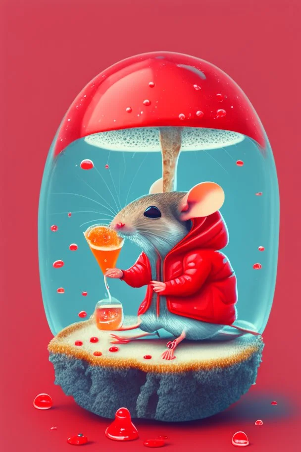 mouse in red jacket eating red cheese on top of a mushroom drinking bubble tea