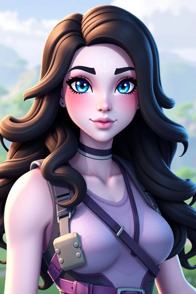 Fabulous; Beautiful; stunning; Blue eyes, long wavy black hair, pale skin character in fortnite (fortnite video game), (vivid), ((fortnite cartoon character)), fortnite animation, fortnite skin, (tilted towers fortnite map), full body shot, bright and dynamic coloring, (fortnite epic games), lavender body gear