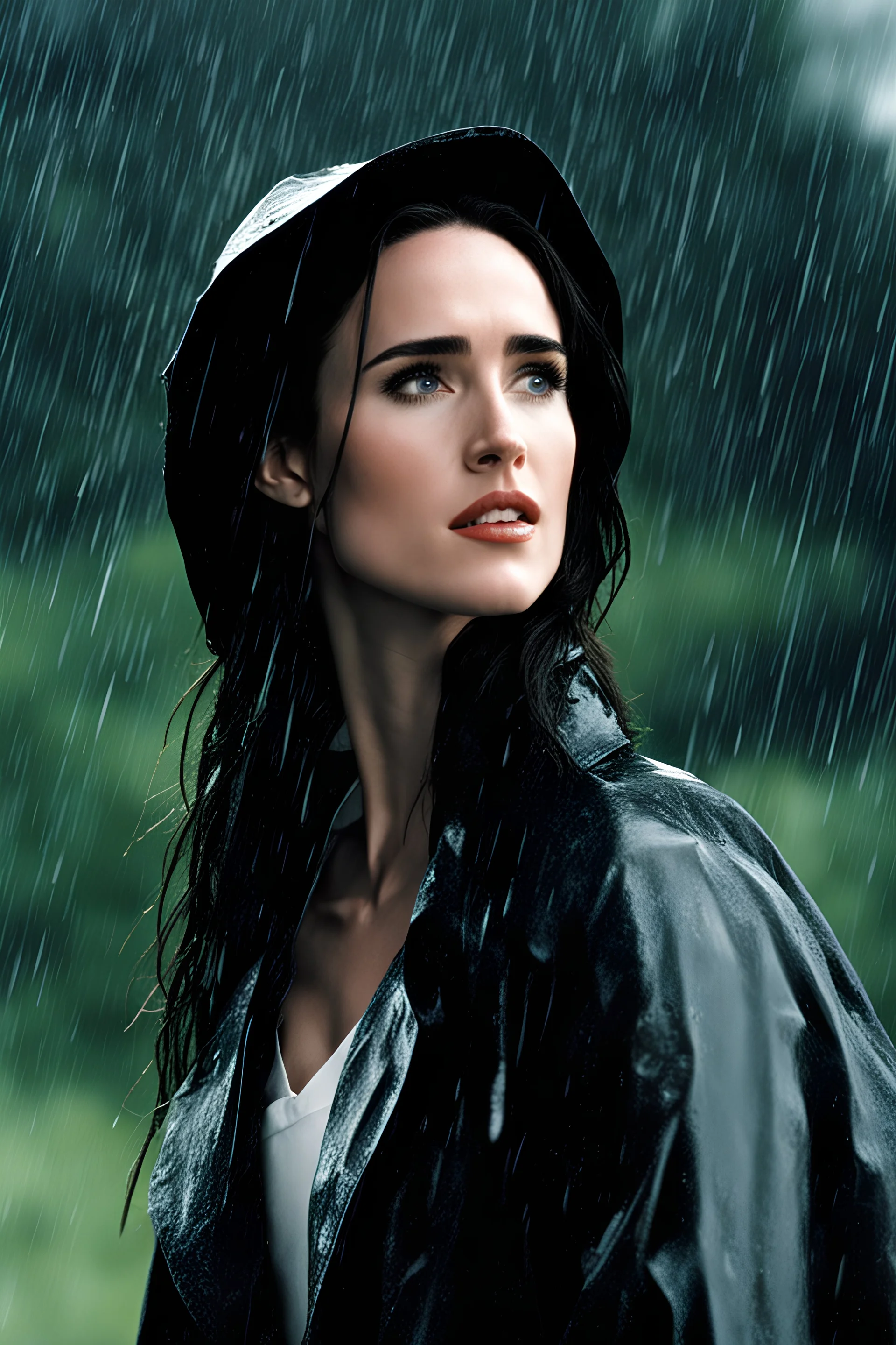 Beautiful 25 year-old Jennifer Connelly standing outside in a rain shower with no rain-coat, umbrella, or hat, with her head tilted up to the sky, her tongue sticking out and catching raindrops