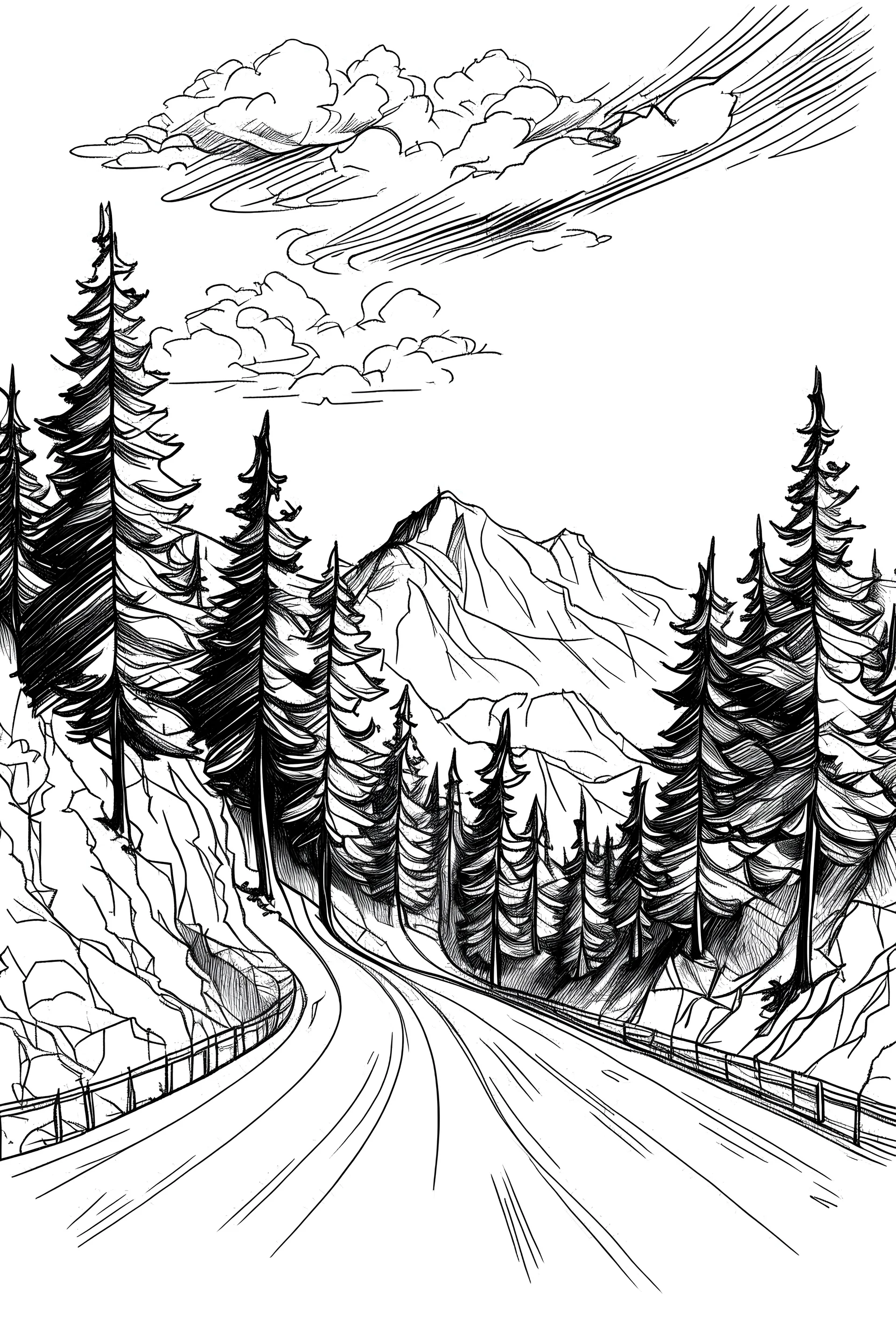 sketch The two-wheeled route is next to a road with tall trees on both sides and finally passes by the side of the mountain