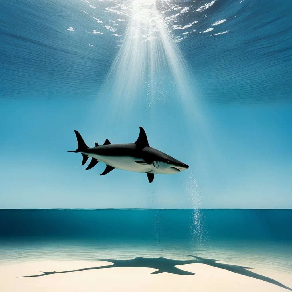 this photo Explores how brightness contrasts with shadow [psychedelic high res photo by Ralph Steadman] Light Against the Dark on a levitating acrobat over a large area of translucid water: there is a great white shark!