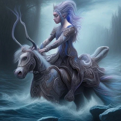 River Acheron has blackened waters with blue pink gray black purple colour inside the waters::A Beautiful Centaur Metaphysical Mythological creature of a combination of a man and a horsehalf horse and half human arrived inside the river Acheron::insanely detailed and intricate, colourful, hyperrealism, delicate, high definition, detailed, complex, triadic vibrant colour, by Tom Bagshaw, Asher Brown Durand, Anna Dittmann, Dan Mumford, Magali Villeneuve