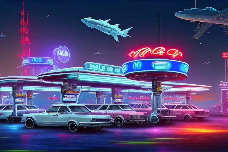 eine tankstelle mitten im wasser umgeben von schiffen, digital part,centered, detailed, 8k, shining, heaven, dampf, cyberpunk art, neon lights, neon signs, night, stars, stadion lichter