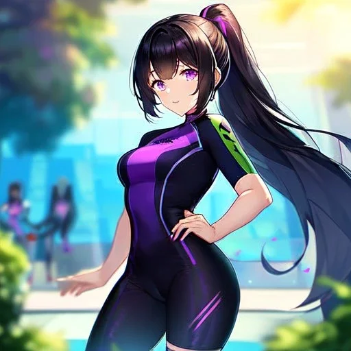 Clear focus, 8k, beautiful lighting, vibrant colors, girl, black hair, long hair, purple eyes, ponytail, bike outfit,