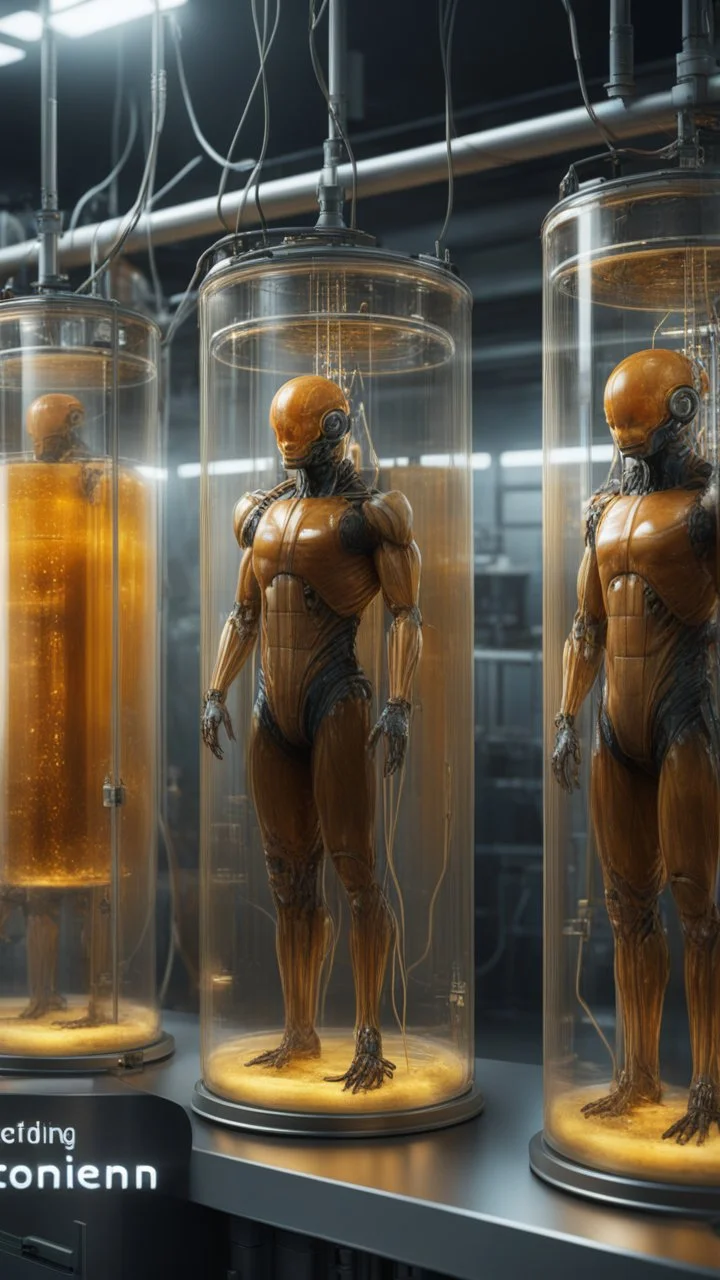 Sleeper in tube cabinet made of glass filled to the top with honey coloured liquid , in a laboratory inside it a half alien and a half human creature body standing vertically inside , connected with wires and electrical wires , the human standing in side, a high tech equipment in the background ,4K, cinematic, high resolution