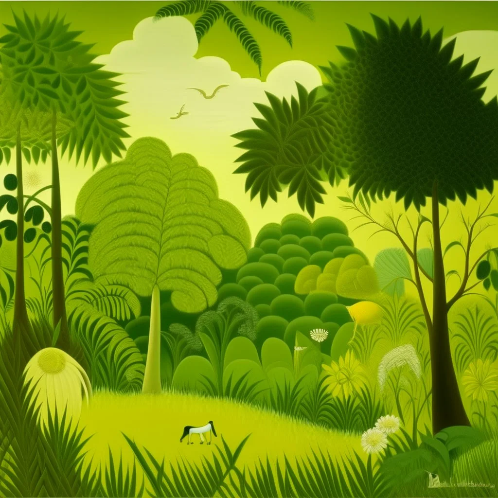 A lime green savanna with animals painted by Henri Rousseau