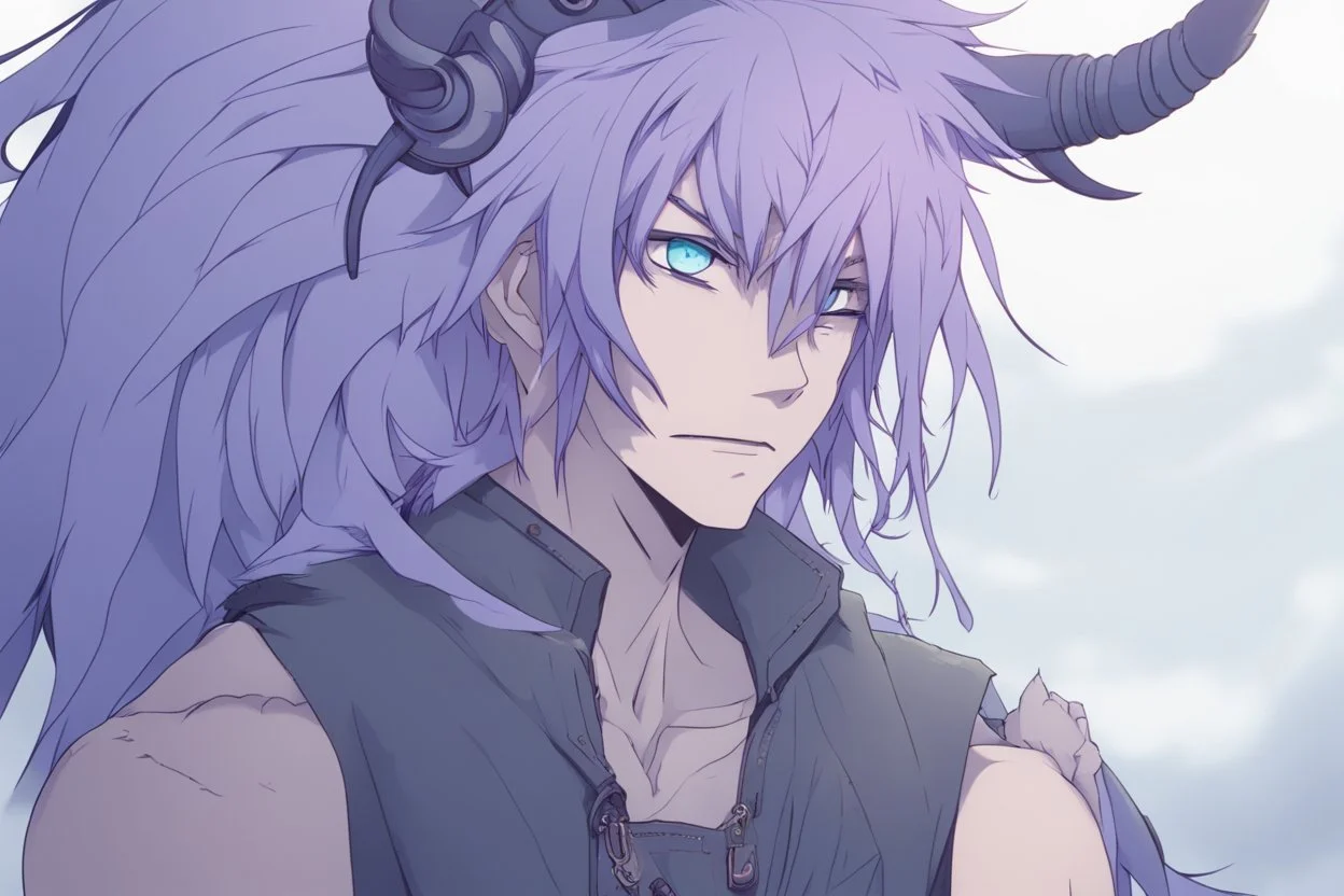 anime man with ram horns, fangs, messy purple hair and blue eyes