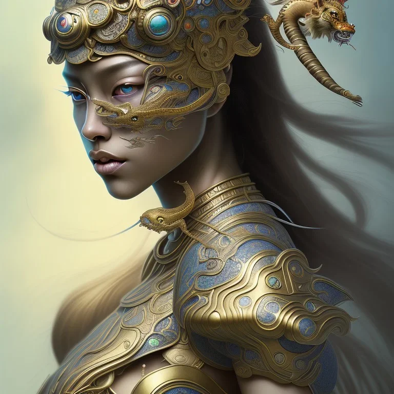 Sango fantasy, fantasy magic, intricate, sharp focus, illustration, highly detailed, digital painting, concept art, matte, art germ and Paul Lewin and Kehinde Wiley, masterpiece Indonesian lady head bronze tiger Asian African girl nice breast Hawaiian hair turquoise silver waves