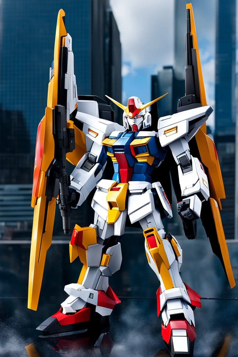 Full body Photography A picture cyber mechines Gundam,with surface coated chrome polished details, city background