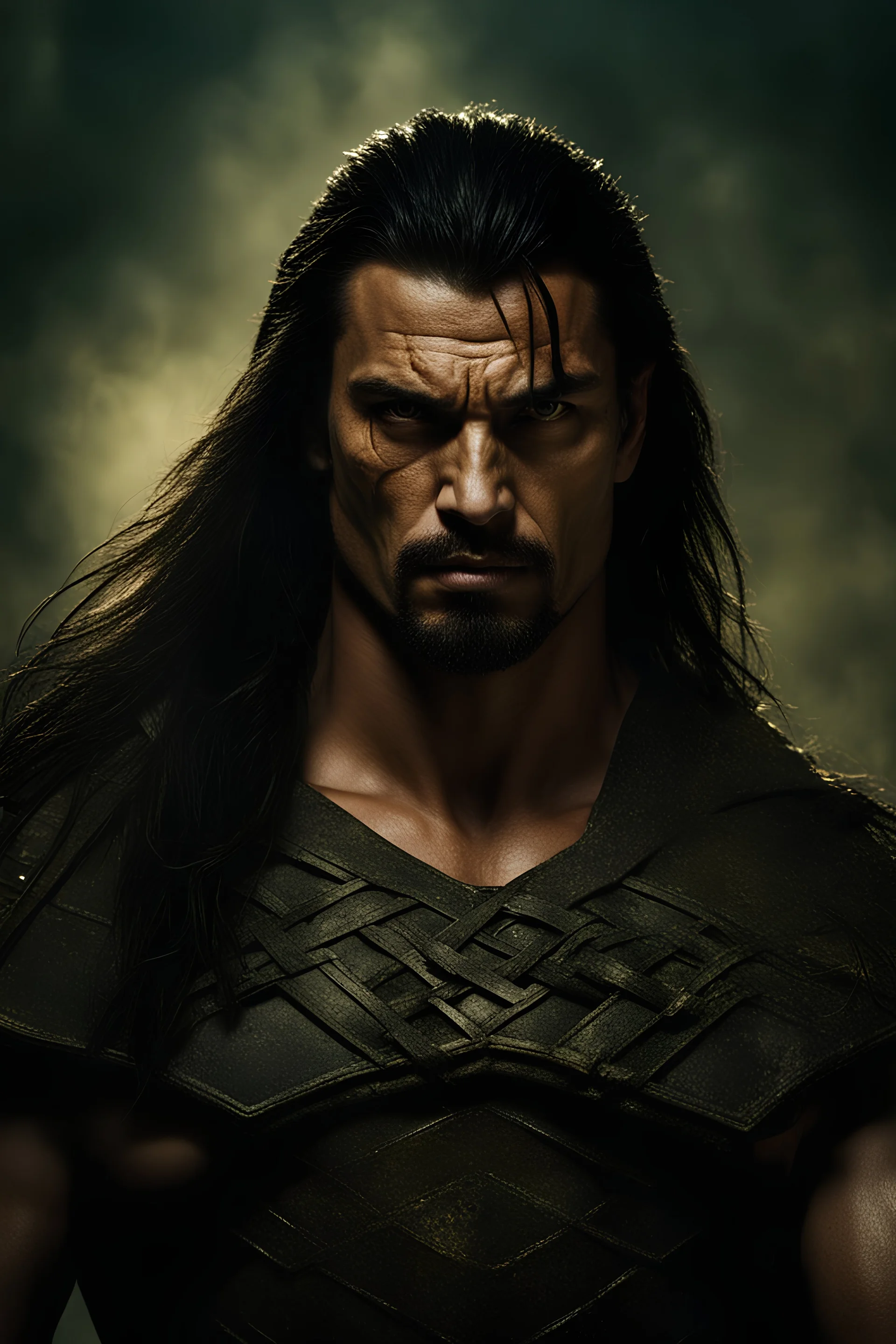 Portrait of an Olive skinned muscular evil male with long dark hair, scarred face and a goatee beard, scowling