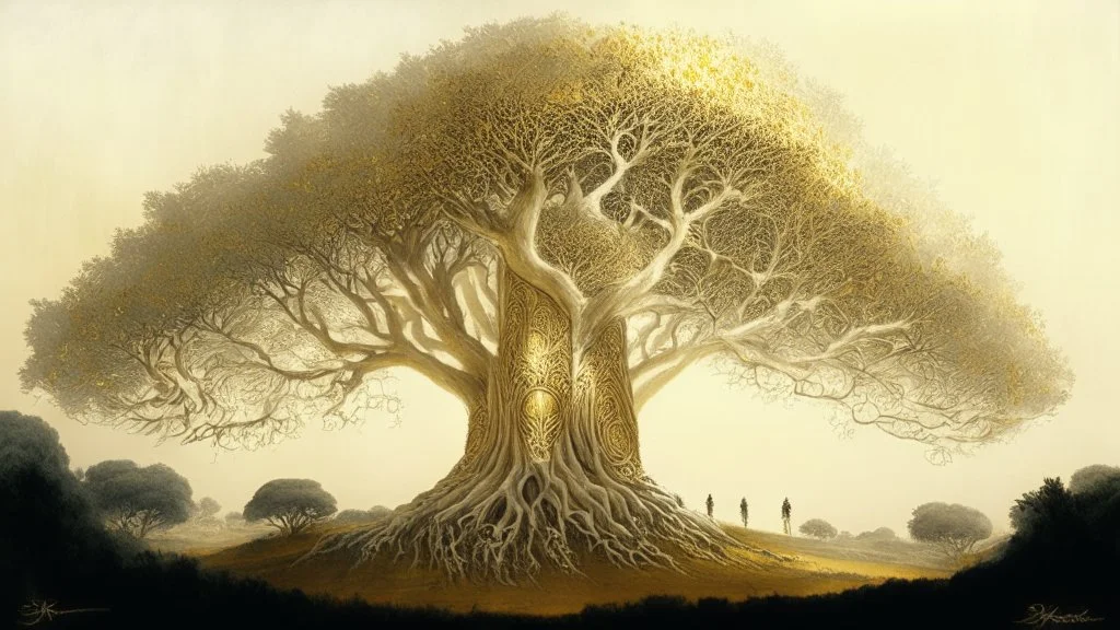 Valinor, tolkien, two giant trees, one giant golden tree, one giant silver tree