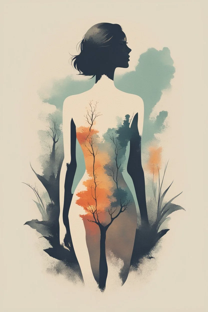 A minimalist, t-shirt design with a vintage twist, featuring a sleek and stylized unclad woman body silhouette against a faded, women body is painting about nature, awosome, bright.