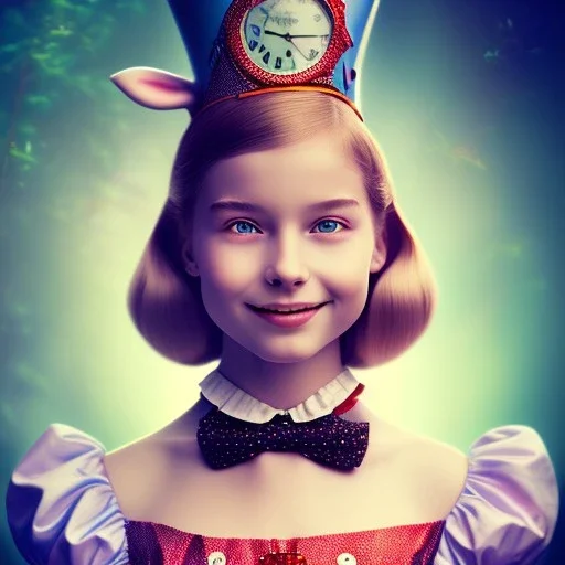 3D close-up of a beautiful "Alice in the wonderland",ten years old,disney, sarcastic smile, high contrast, glowing backlighting, blue and red backlighting, vibrant hair, dark brown eyes, sharp focus, high makeup, medium face painting, background blur.