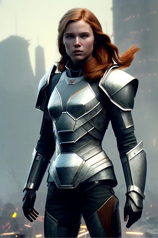 ultrarealistic, ruined city,__skimpy sci-fi armor__, __angles__, 19 year old woman, strikingly beautiful, ginger hair, silver colour, [__starlets__|__starlets__], (pale __skincolor__ skin:1.2), __camera__ __hair__, detailed face and eyes, c-cup breasts, leather choker, freckles, dynamic pose, resolved expression, __accessory__, strappy outfit, (straps:1.1), sword in scabard on left hip, (buckles, buttons, snaps, rings:1.0), haltertop style breastplate, detailed eyes, plump lips, fantasy theme