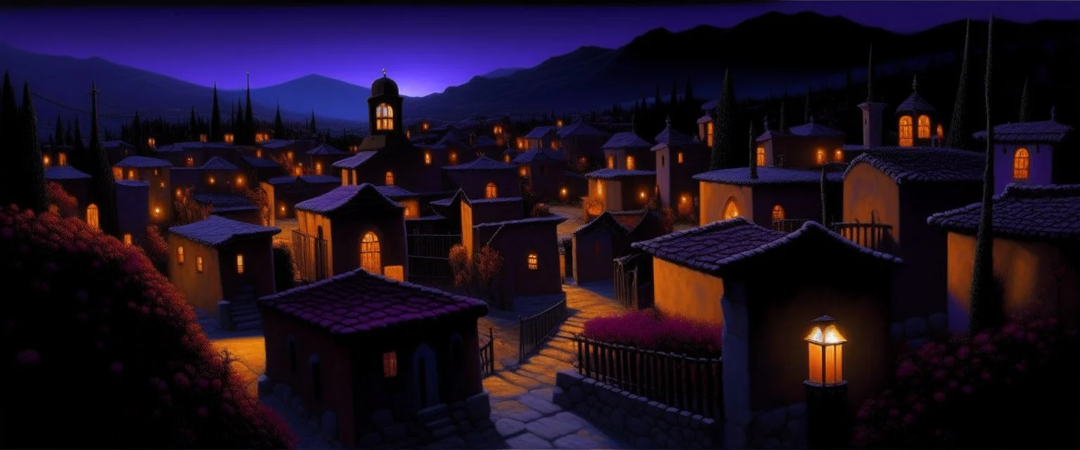 A purplish black Day of the Dead town with candles painted by Frank Wilson
